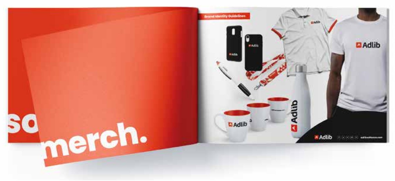 Adlib guidelines showing the identity across clothing, bottles and other merchandise.
