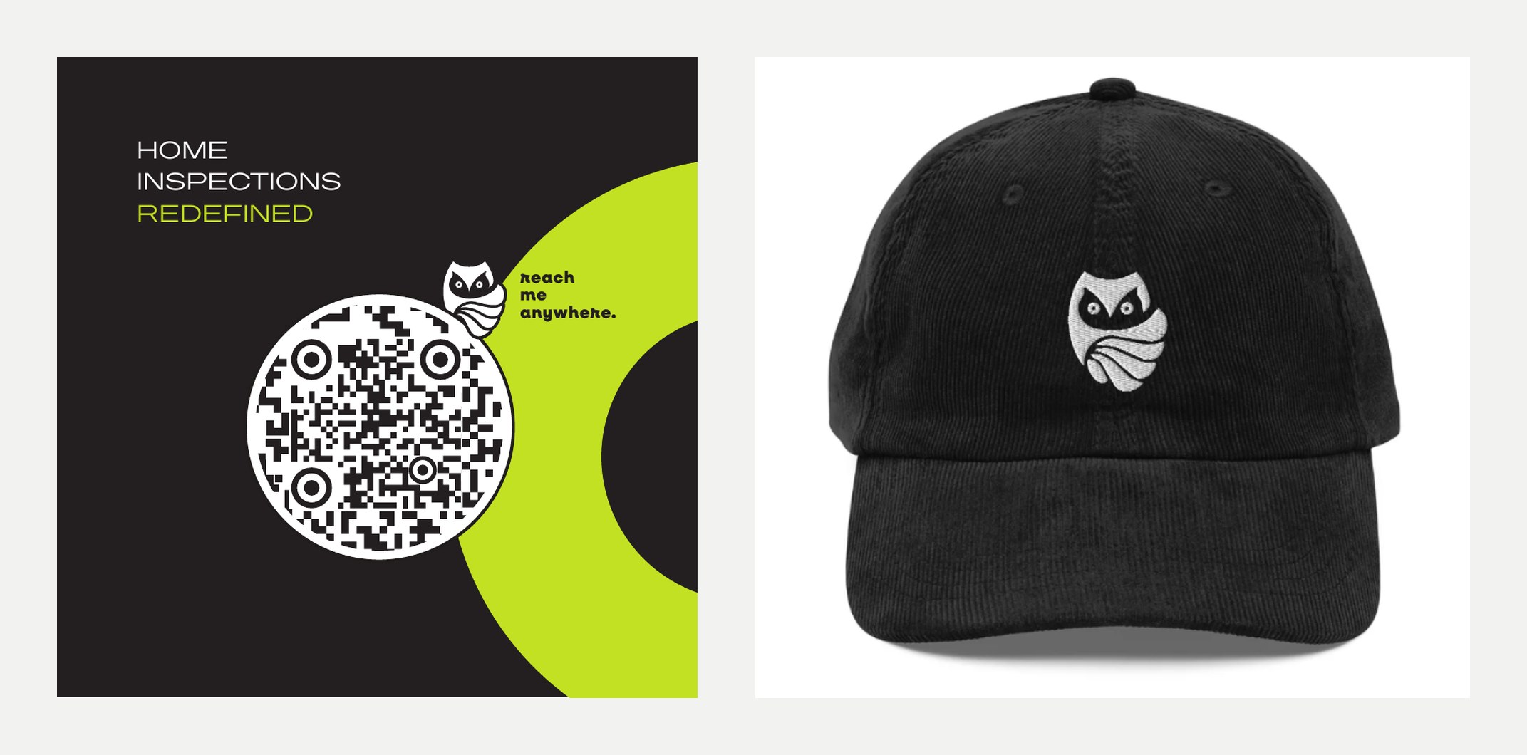 Hidden Insights owl identity on a black business card and embroidered cap.